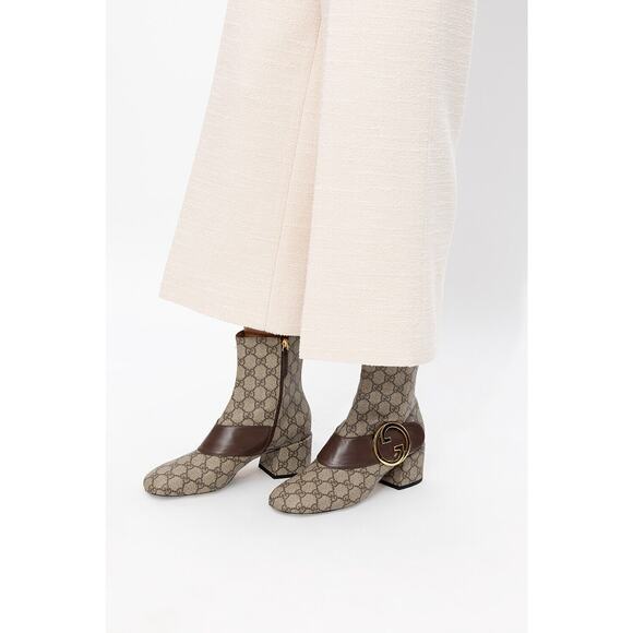 GUCCI 70170 SUPREME LEATHER BELT GG METAL LOGO MONOGRAM BEIGE SHORT ZIP BOOTS 41 - Picture 6 of 13